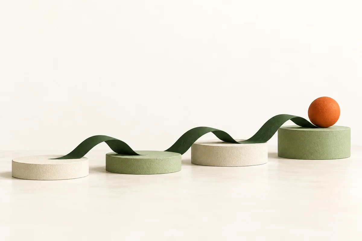 A green ribbon crossing four stepping platforms toward an orange sphere