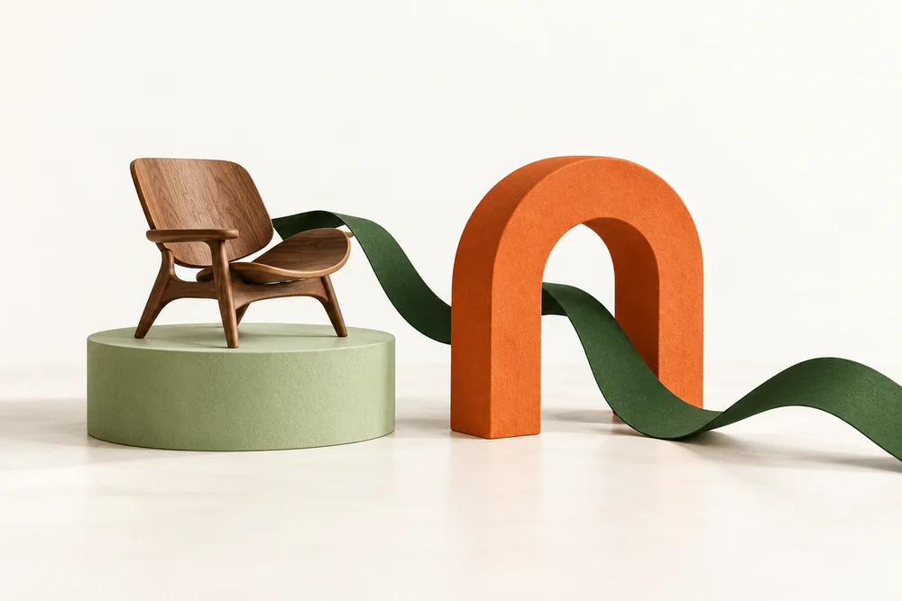 A wooden chair and a green ribbon passing through a terracotta arch